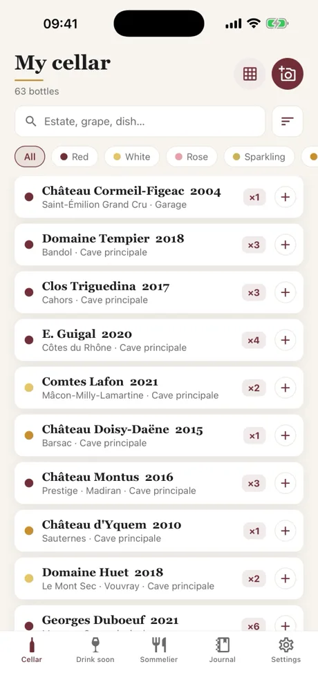 The Caviste cellar screen: the bottle list with search, colour filters and storage locations.