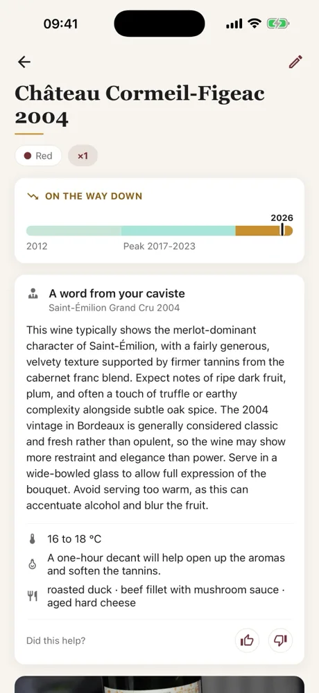 A word from your caviste on a Caviste bottle sheet: serving temperature, decanting and pairings, under the peak gauge.