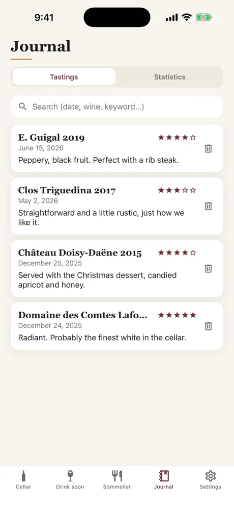 The Caviste tasting journal: ratings, notes and dates you can search, with the Statistics tab.