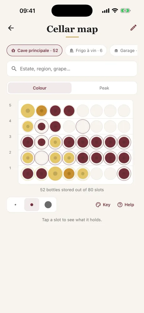 The Caviste cellar map: the rack seen head-on, each bottle in its own slot, coloured by wine type.
